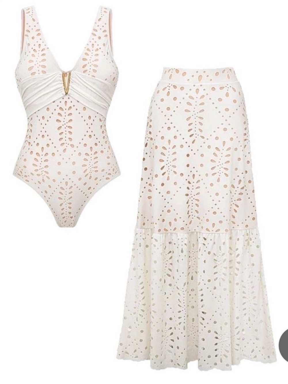 NWT white Eyelet One-Piece Swimsuit with Matching Maxi Skirt